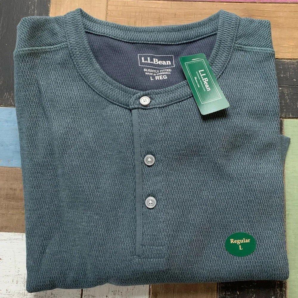 NWT L.L. Bean Men's Bean's Vintage Soft Knit Henley Large Thermal Rangeley Blue - Picture 2 of 4